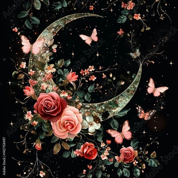 Obraz This exquisite crescent moon design, adorned with red roses and pink butterflies, embodies a beautifully intricate art style that captures a whimsical atmosphere, perfect for various artistic context