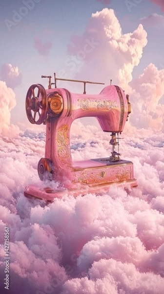 Obraz Set against a pastel cloud backdrop, this charming pink sewing machine encapsulates a sense of creativity and warmth, making it a delightful piece for artistic and craft-themed projects.