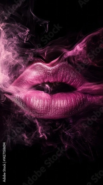 Obraz This captivating image features full, pink lips emerging from a cloud of vibrant, swirling smoke, evoking a sense of allure and mystery in a visually stunning composition.