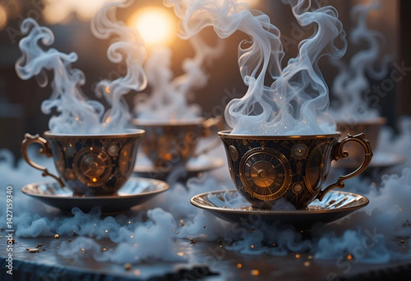Fototapeta Surreal Steampunk Tea Party: Ornate Clockwork Teacups Filled with Ethereal Smoky Mist and Glowing Particles, Vintage Fantasy, Imaginative Beverage, Mysterious Drink, Steamy Illusion, Intricate Metalli