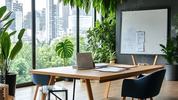 Fototapeta Modern minimalist workspace with large windows abundant greenery wooden table laptop and whiteboard