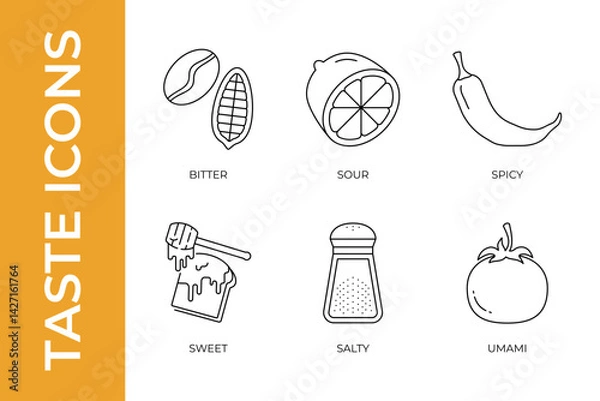 Fototapeta Minimalistic black line icons visually representing six taste categories: bitter, sour, spicy, sweet, salty, and umami. Vector illustration