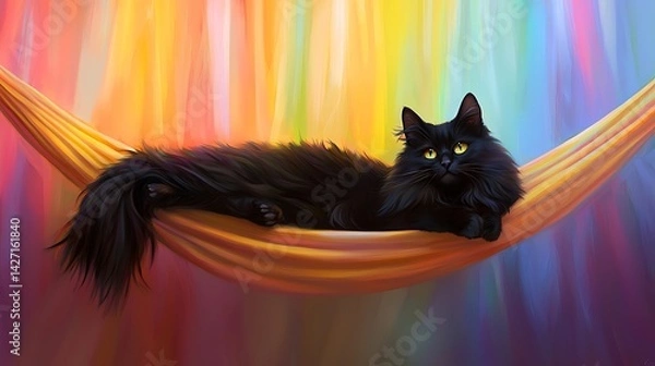 Obraz Serene Black Longhair Feline Relaxing in a Vibrant Hammock Against a Colorful Background