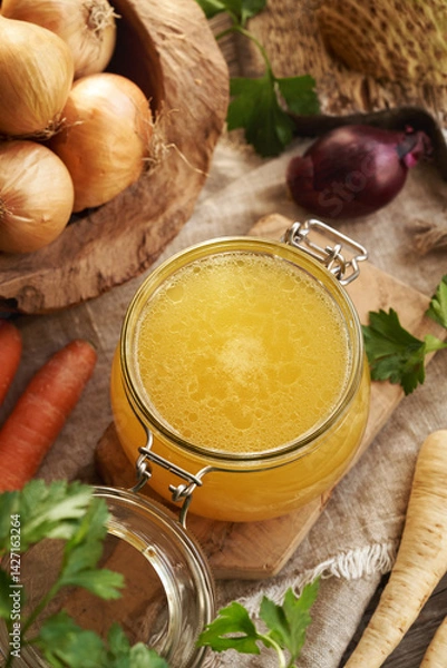 Fototapeta Bone broth in a glass jar with fresh root vegetables