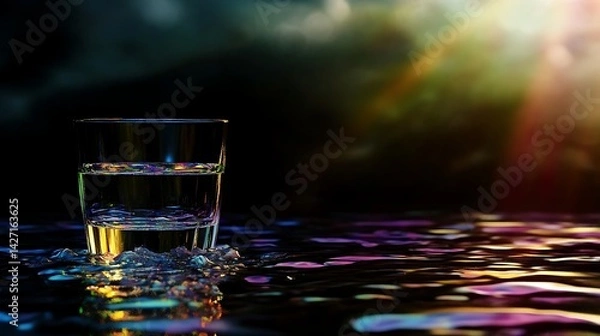 Obraz Halffilled glass of water on iridescent surface dark background vibrant reflections low light moody atmosphere mysterious scene liquid clear glass colorful ripples