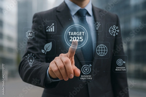 Fototapeta Businessman touching futuristic interface with target 2025 and icons of AI, sustainability and global strategy for corporate development goals..
