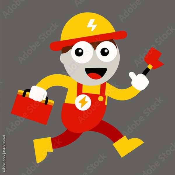 Fototapeta Electrician Cartoon: A cheerful cartoon electrician character dashes towards a job, toolbox in hand, ready to provide quick and efficient electrical service.