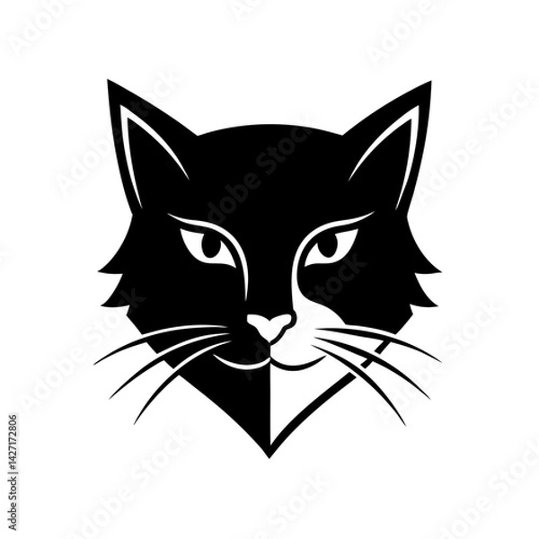 Obraz Black and White Cat Face Illustration:  An eye-catching and minimalist black and white illustration of a cat's face, showcasing its bold features.