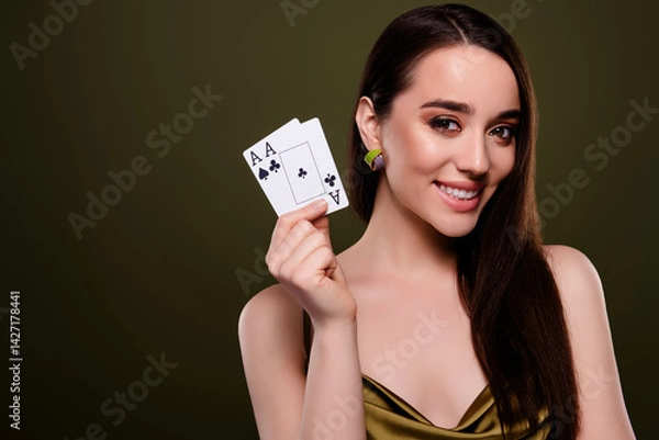 Fototapeta Photo of lovely girl poker player hold playing cards isolated green color background