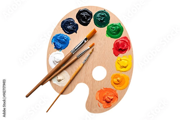 Fototapeta palette with paints and brushes on transparent background