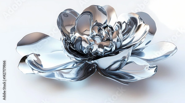 Obraz Deformed chrome flower with melting smooth petals isolated on white background. generative ai. Chrome Petals. Illustration