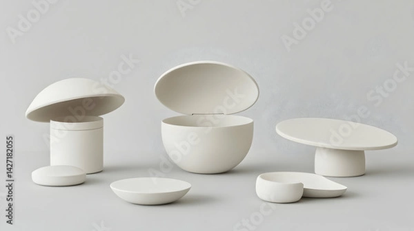 Obraz Minimalist ceramic bowls and containers on neutral background; product photography for home decor catalog