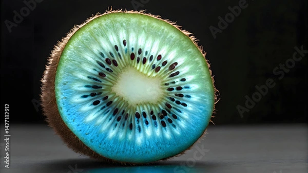 Fototapeta vibrant, peeled kiwi showcases its unique inner structure, glowing with bioluminescent hues, creating captivating visual experience