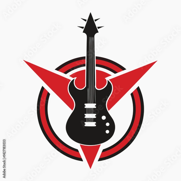 Fototapeta Creative vector logo featuring a stylized electric guitar design in vibrant red and black colors with dynamic shapes accentuating the instrument