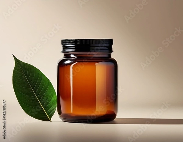 Fototapeta amber glass jar with black lid and green leaf on minimal background