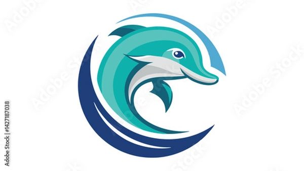 Fototapeta Colorful vector dolphin logo design showcasing a playful marine creature swimming amidst waves in a vibrant, calming turquoise background
