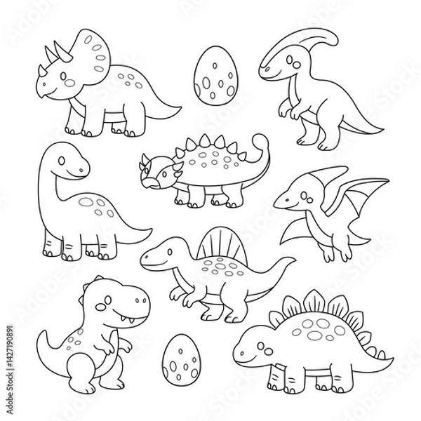 Fototapeta Cute baby dinosaurs outline doodle vector illustration