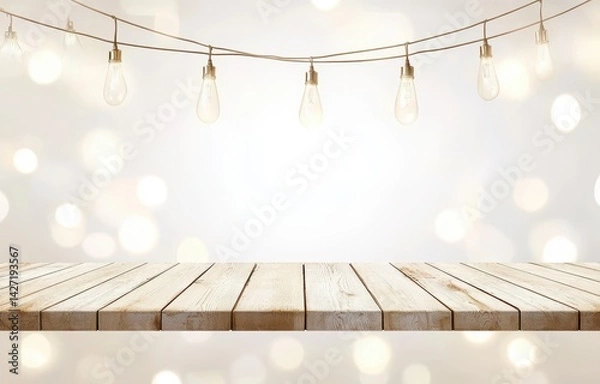 Fototapeta Wooden tabletop with string lights