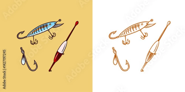 Obraz Spoon, fishing hook and float. fishing tackle in hand drawn engraved style