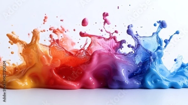 Fototapeta Vibrant Acrylic Paint Splash Mid-Explosion, Isolated Abstract Art with Orange, Red, Pink, and Blue Tones for Creative Design