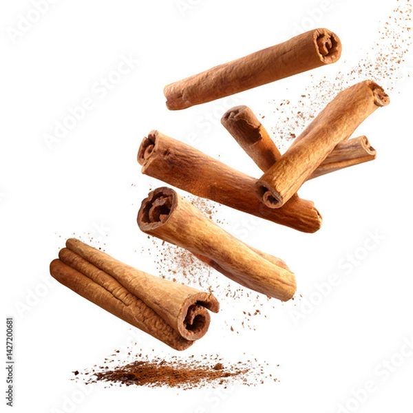 Fototapeta Set cinnamon sticks flying, isolated on white background, clipping --v 7.0