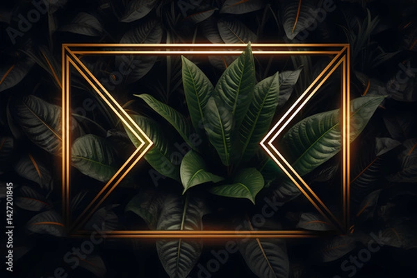 Fototapeta Bright gold frame on tropical leaves. Geometric frame with green foliage on dark background. Design for print, banner, poster, wedding invitation, branding. Modern flat lay border with copy space.
