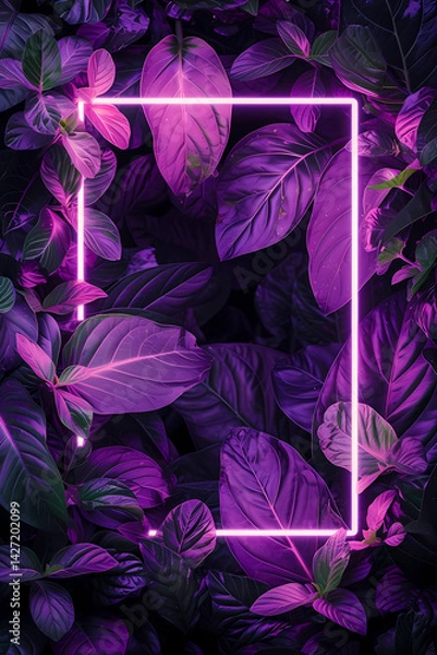 Fototapeta Pink neon frame on tropical leaves. Purple rectangular frame with green foliage on dark background. Design for print, banner, poster, wedding invitation, branding. Modern flatlay border with copyspace