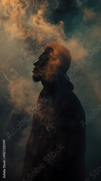 Fototapeta Moody portrait of a man in profile surrounded by swirling smoke and dramatic lighting in a dark atmospheric setting