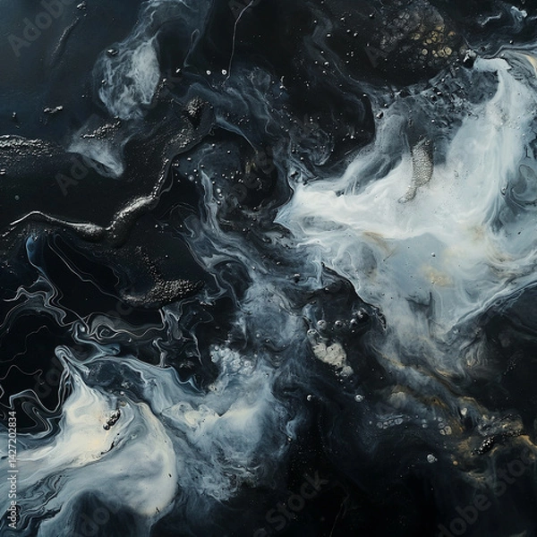 Fototapeta Abstract black and white fluid painting with swirling textures and smoky patterns, resembling cosmic or underwater scenes