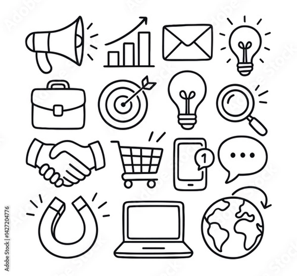 Obraz Hand-drawn vector icons digital marketing business concepts megaphone chart email light bulbs briefcase target magnifying glass handshake shopping cart mobile phone speech bubble magnet laptop globe