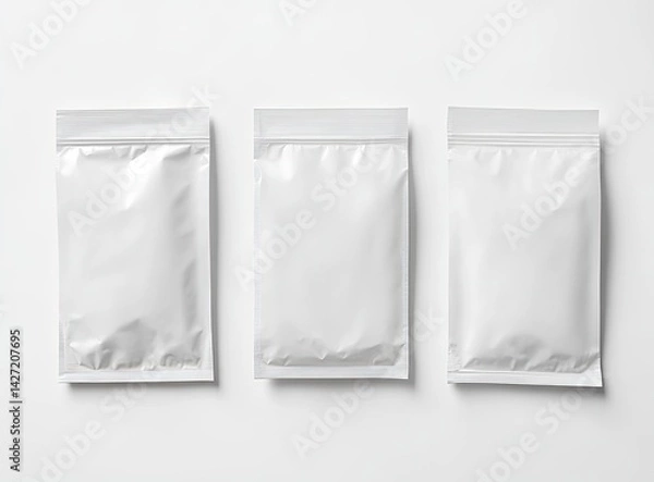 Obraz Three blank white stand-up pouches on white background.