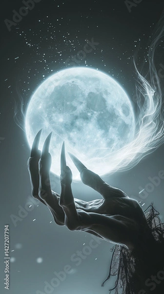 Fototapeta Dark, clawed hand reaching toward a glowing full moon surrounded by mist and stars in a surreal night sky