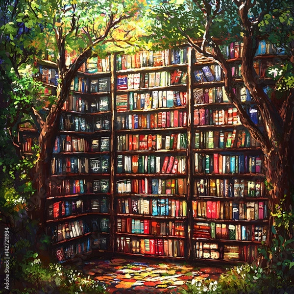 Obraz Enchanting outdoor library nestled in lush forest, bookshelves overflowing with literature, sunlight filtering through leaves, perfect for education, reading, and fantasy themes