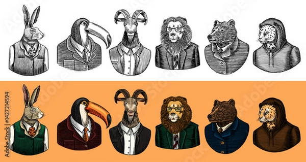 Obraz 6 different animals and birds in humans clothes and suits. Lion, tuscan bird and bear next to rabbit and goat for drinks or emblems. Anthropomorphic wild animals drawing. Hand drawn sketchy old style