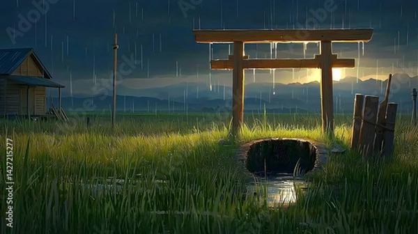 Obraz Rainy sunset over Japanese rice paddy with torii gate, hut, and well; serene nature scene for travel, meditation, or game backgrounds
