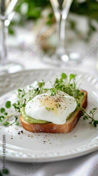 Fototapeta Delicious Poached Egg and Avocado Toast: A Healthy, Vibrant Brunch Choice with Organic Microgreens and Artisan Presentation