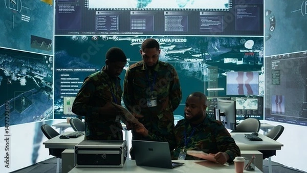 Fototapeta In a high tech military office, soldiers team analyze real time data collected by surveillance system. Staff interpret intelligence and coordinate operations to ensure national defense. Camera B.