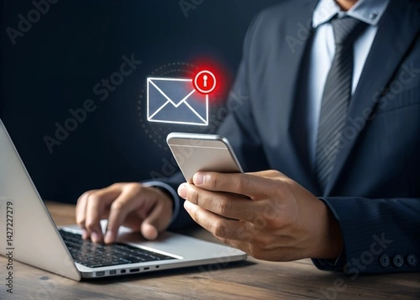 Fototapeta Urgent Email Notification: A businessman checks his smartphone for an urgent email notification, symbolized by a red alert on the email icon. He is also working on his laptop.