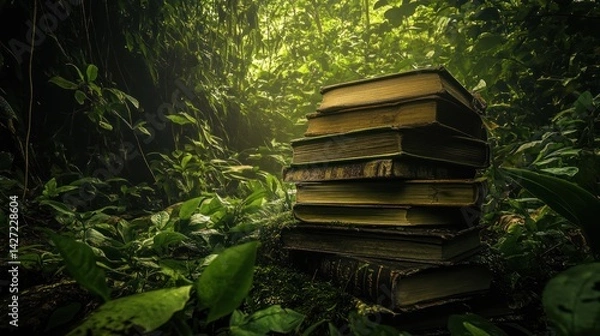 Fototapeta A Stack of Old Books Surrounded by Lush Green Jungle Foliage