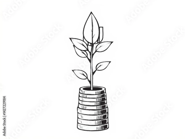 Fototapeta A handdrawn illustration depicts a plant sprouting from a stack of coins, symbolizing financial growth, investment success, and wealth generation