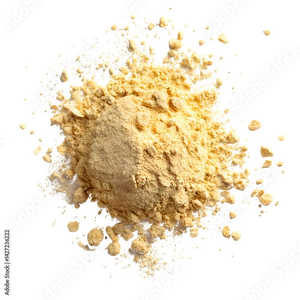 Obraz Yellow maca organic powder scattered isolated on white, top view --v 7.0