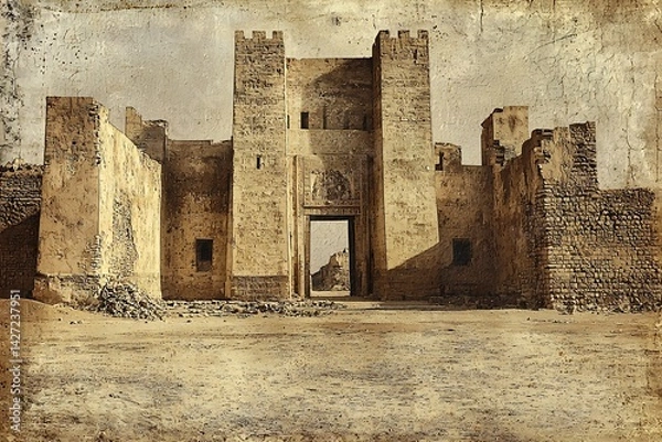 Fototapeta Fallen kingdom of watchers lies ruins crumbling towers charred remnants etched sepia tones sepia etching technique aged paper conveys lost glory divine retribution as chronicled in the Book of Enoch