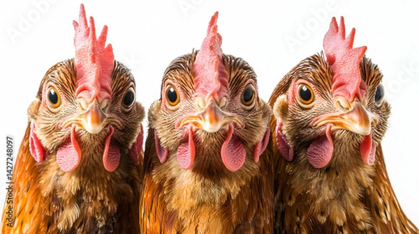 Fototapeta Close-Up Views of Three Colorful Chickens with Red Combs and Wattles