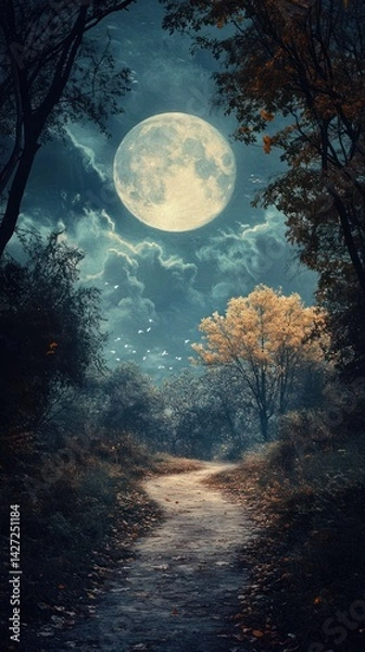 Fototapeta A full moon shines over a forest path at night