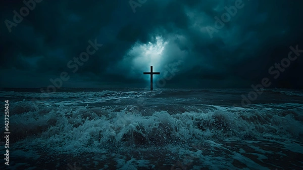 Fototapeta Dark Ocean Scene with Cross Against Stormy Clouds and Waves