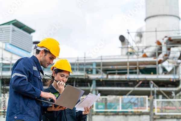 Fototapeta Petrochemical factory industry engineer teamwork meeting discussion at petroleum oil refinery plant. Industrial engineering technician working and maintenance manufacturing energy power gas system.