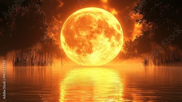 Obraz A giant, fiery orange moon hangs low over still water, its reflection mirrored perfectly on the surface, silhouetted by dark trees and reeds