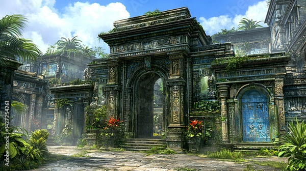 Fototapeta Ancient stone gateway in overgrown jungle, sunlight, lush tropical plants; ideal for adventure game backgrounds