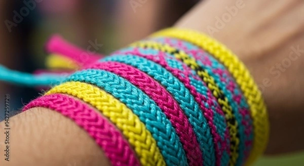 Fototapeta A close up of a wrist adorned with multiple colorful braided friendship bracelets stacked together tightly