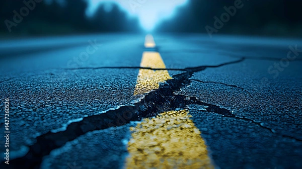 Fototapeta Cracked Road Surface with Yellow Line Under Low Light Conditions